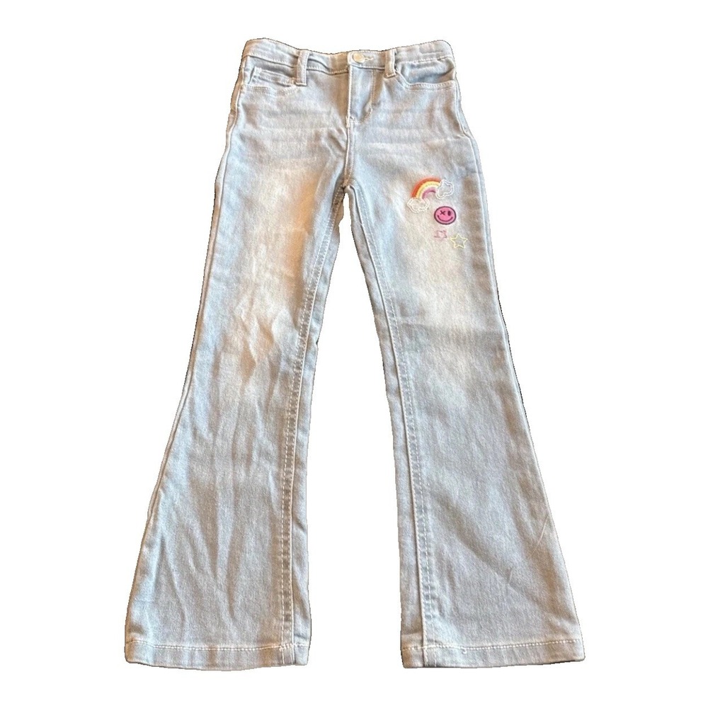 Girl's Size 6 SMILEY FACE - RAINBOW Embroidered Stretch Jeans Boot Cut NWT Y2K